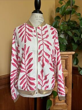 Women's White Jacket with Pink Leaf Print Gold Trim  XL tropical vacation beach